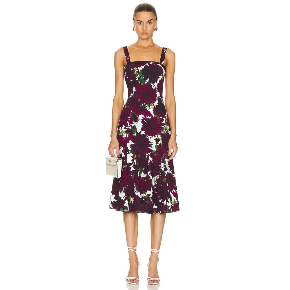 Oscar De La Renta Women's Burgundy White Dahlia Cotton Twill Midi Dress Size 14